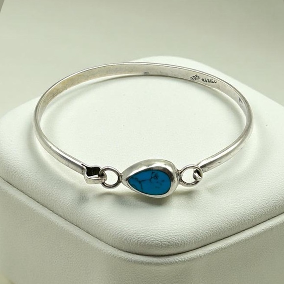 925 Sterling Silver and Turquoise Bangle Bracelet 7” Taxco - Picture 12 of 12